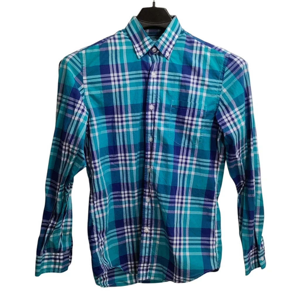 J. Crew Blue and Green Plaid Casual Tagless 100% Cotton Button Down Shirt Size S